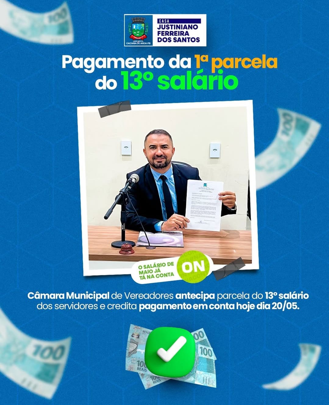 Antecipação: CM de Vereadores de Cacimba de Areia antecipa 1ª parcela do 13º Salário dos funcionários