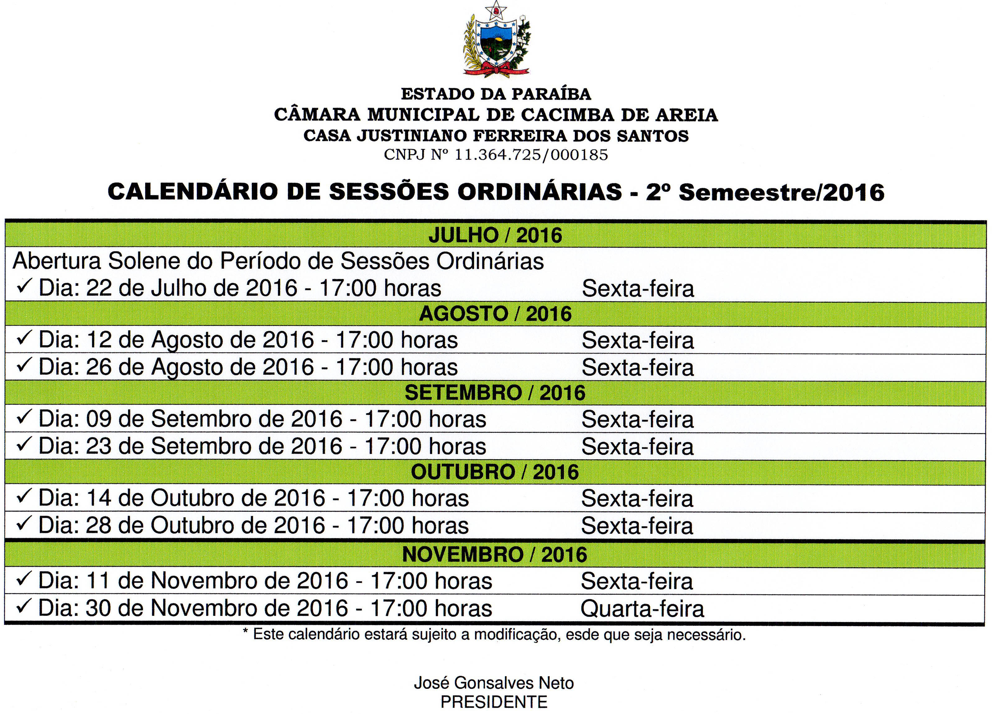 Câmara define Calendário das Sessões Ordinárias para o 2º Semestre de 2016