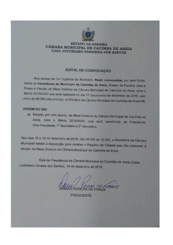 Presidente da Câmara Municipal convoca vereadores para eleição da Mesa Diretora para o Biênio 2019/2020
